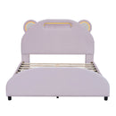 Full Size Upholstered Platform Bed with Bear-Shaped Headboard and Embedded Light Stripe, Velvet, Pink