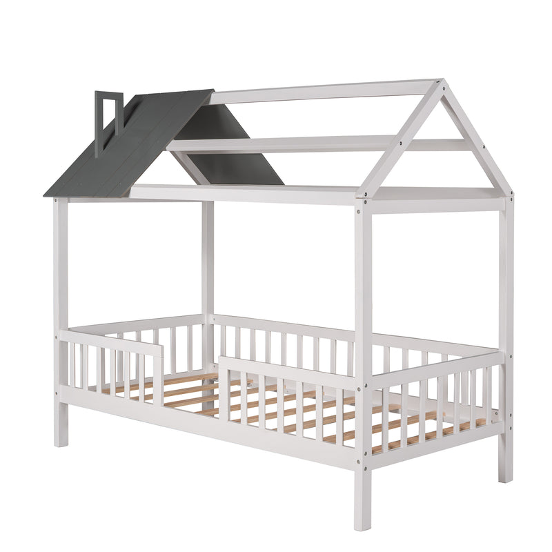 Twin Size Wood House Bed with Fence, White+Gray