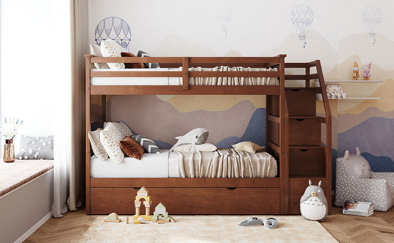 Twin Over Twin Bunk Bed with Twin Size Trundle and 3 Storage Stairs Walnut OLD SKU LP000064AAD Atlantic Fine Furniture Inc