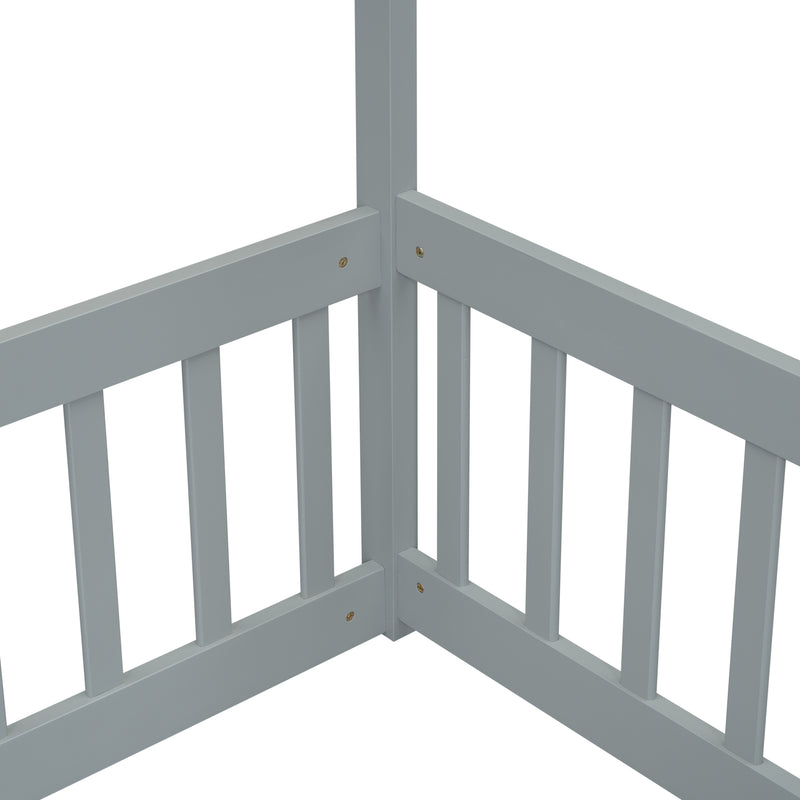 Double Twin House-Style Floor Bed with Fence, Guardrails, without door, Grey