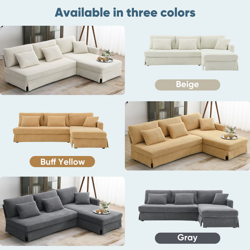 Modern L-Shaped Corduroy Sofa With Reversible Chaise, 4-Seat Upholstered Sectional Indoor Furniture, Convertible Sleeper Couch With Pillows For Living Room, Apartment