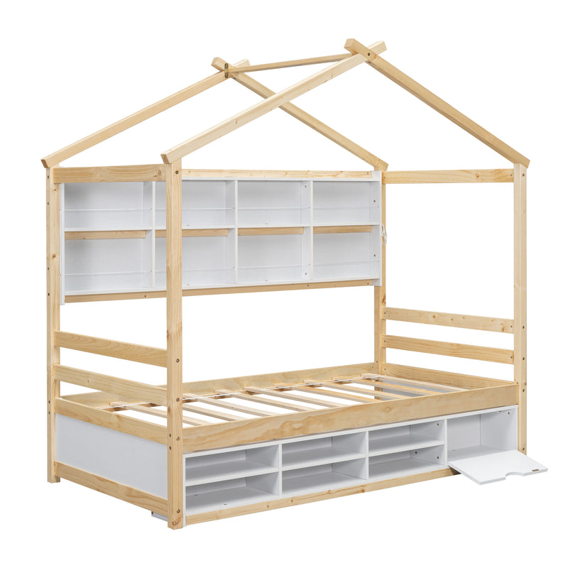 House Bed With Roof Frame, Bedside-Shelves, Under Bed Storage Unit