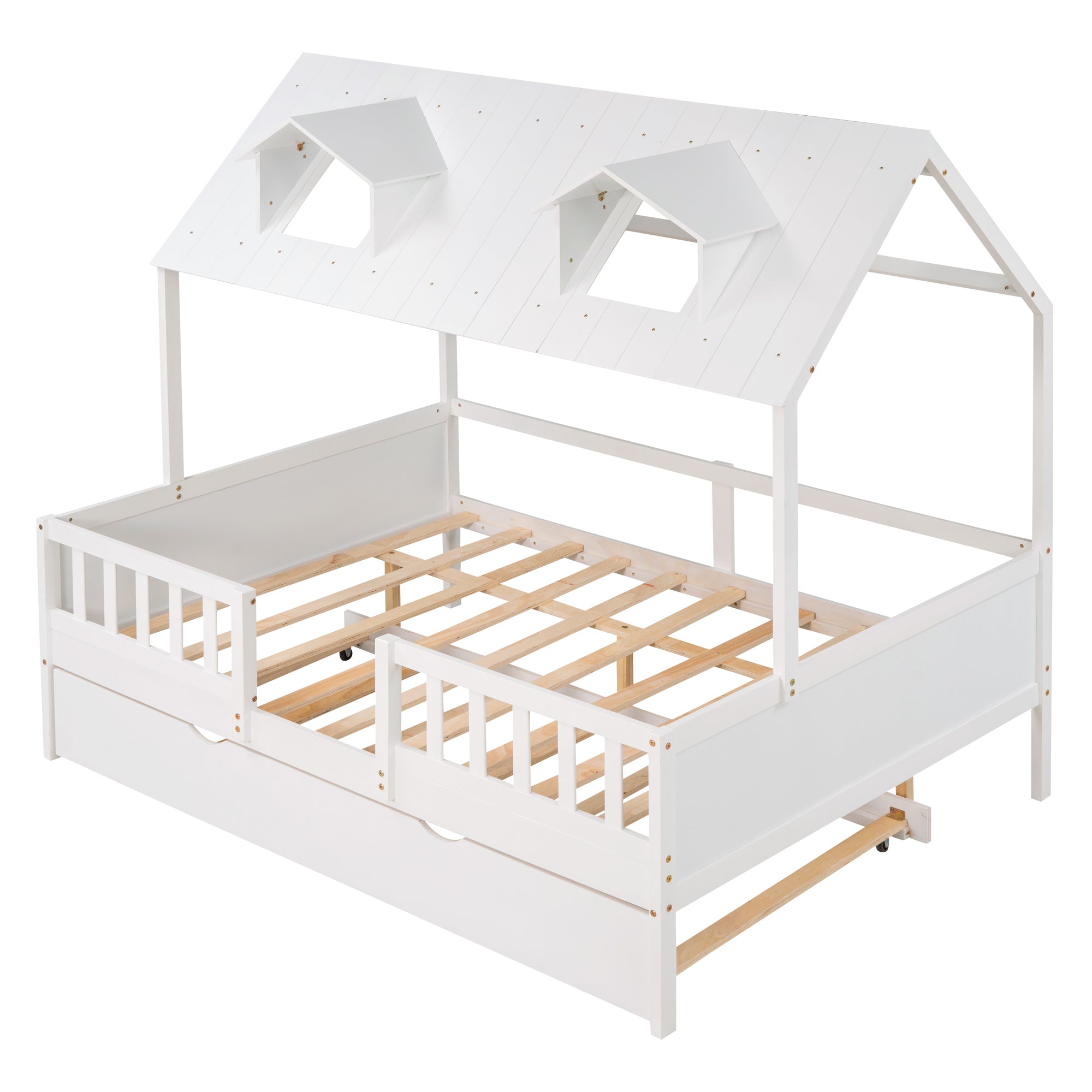 Full Size House Bed Wood Bed with  Twin Size Trundle ( White ) - Atlantic Fine Furniture Melbourne FL