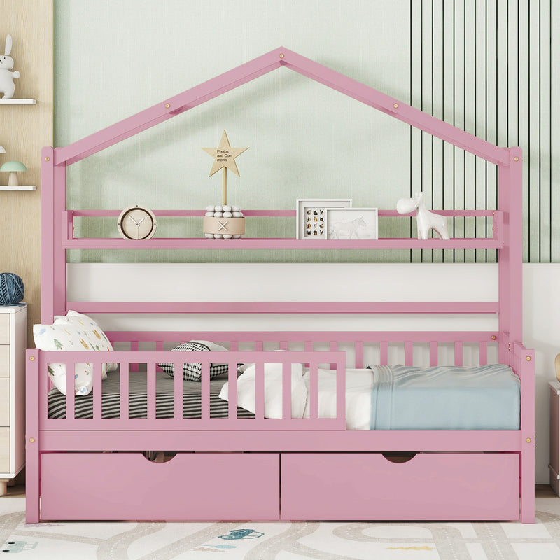 Wooden Twin Size House Bed with 2 Drawers,Kids Bed with Storage Shelf, Pink