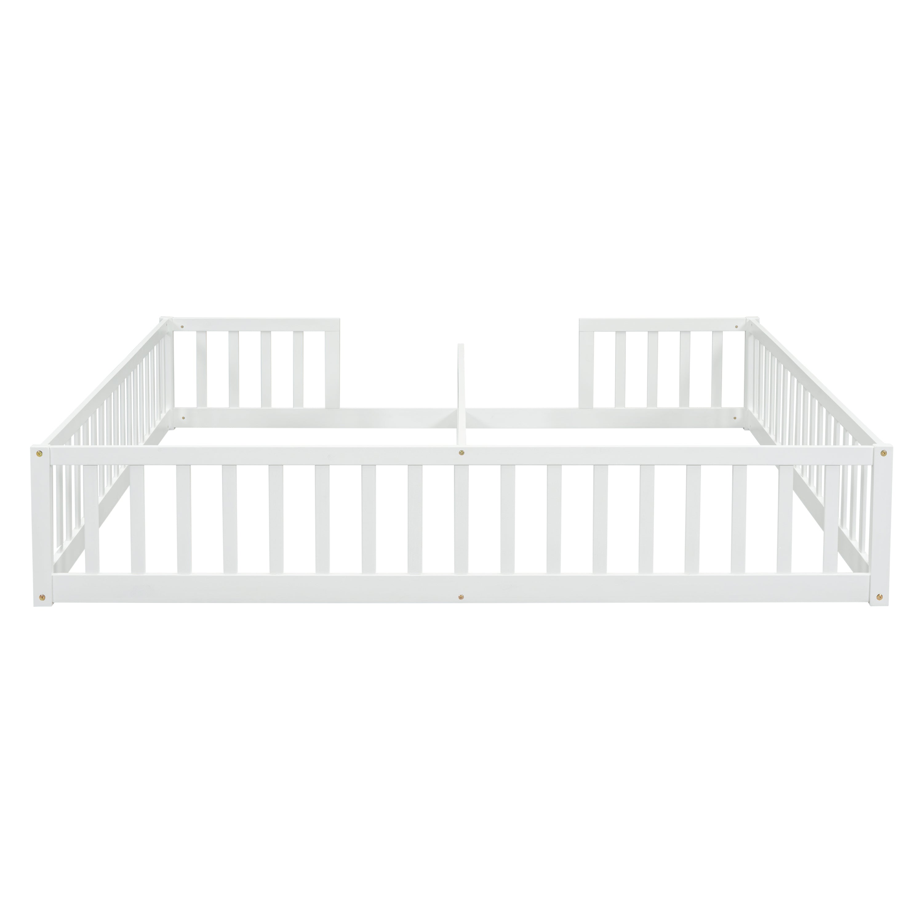 Double Twin Floor Bed with Fence, Guardrails, without door, White