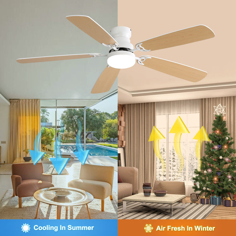 Indoor Modern 52" Ceiling Fan With Dimmable 6 Speed Wind 5 Blades Remote Control Reversible Dc Motor With LED Light - White