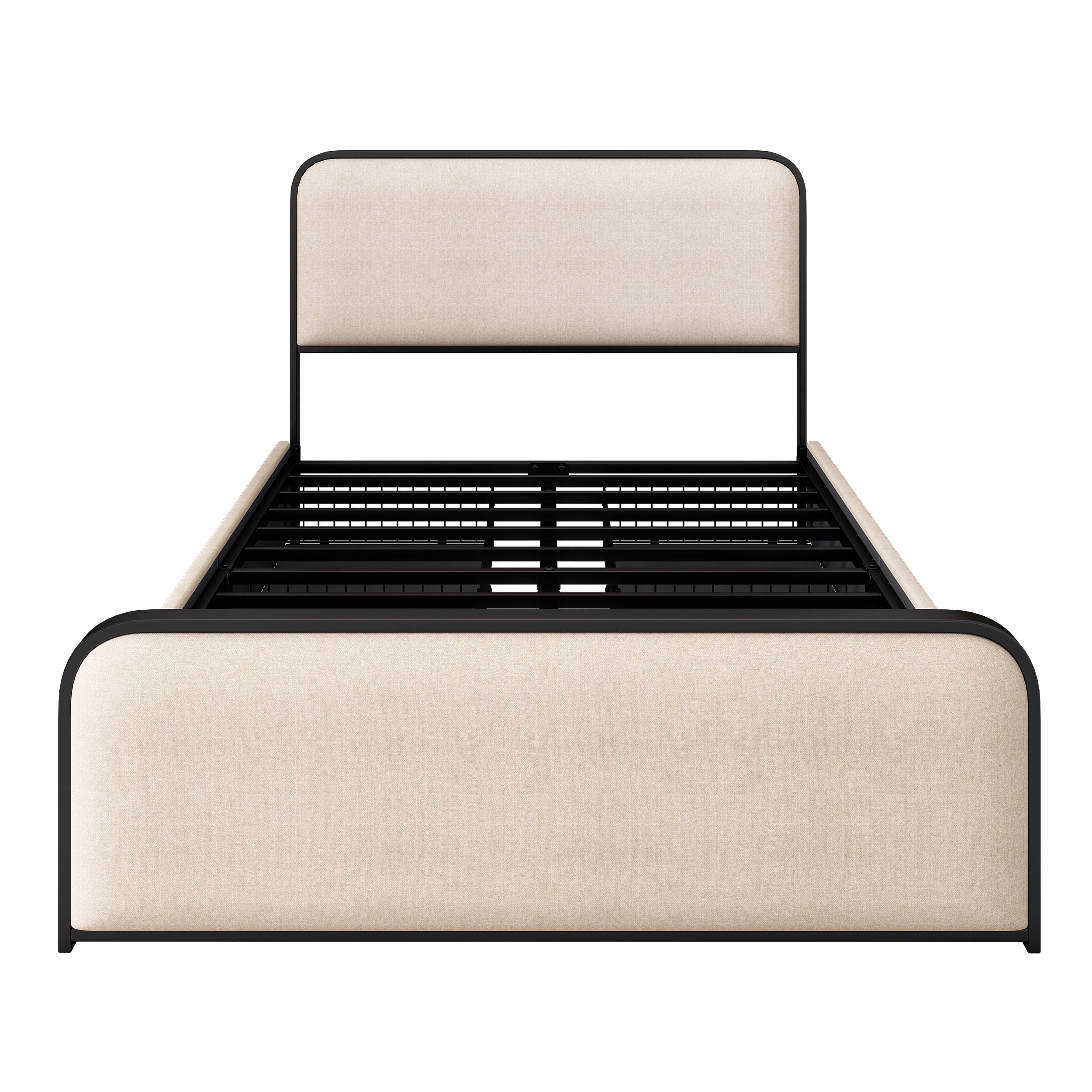 Modern Metal Bed Frame with Curved Upholstered Headboard and Footboard Bed with 4 Storage Drawers, Heavy Duty Metal Slats, Full Size, Beige