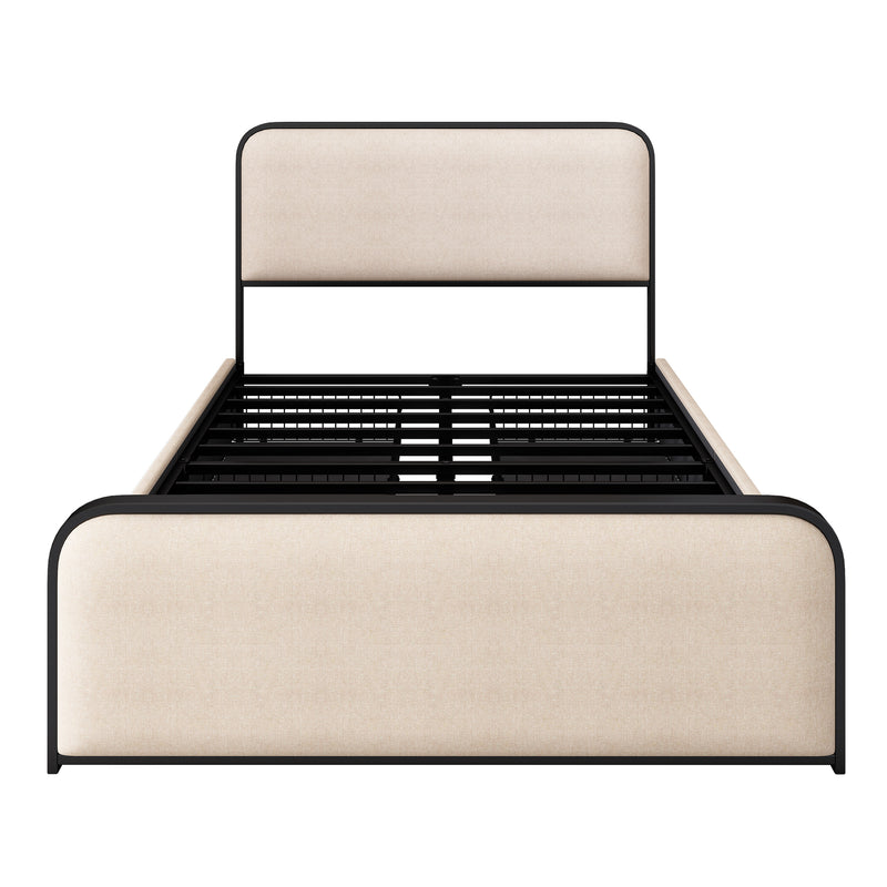 Modern Metal Bed Frame with Curved Upholstered Headboard and Footboard Bed with 4 Storage Drawers, Heavy Duty Metal Slats, Full Size, Beige