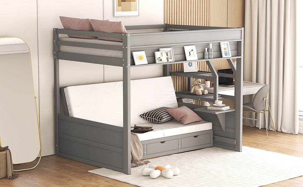 Wood Full Size Convertible Bunk Bed with Storage Staircase, Bedside Table, and 3 Drawers, Gray - Atlantic Fine Furniture Melbourne FL