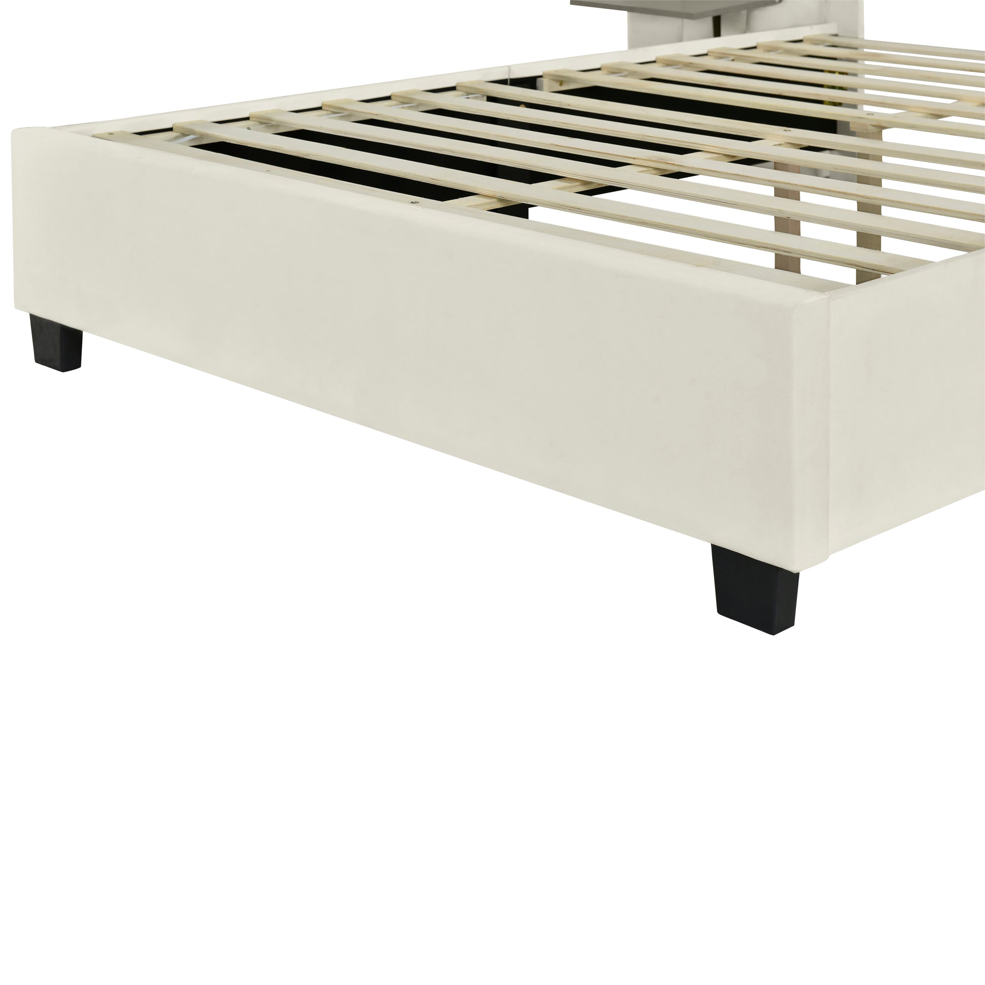 Queen Size Upholstered Platform Bed with Big Headboard, Bedroom Furniture, Velvet, Beige - Atlantic Fine Furniture Melbourne FL