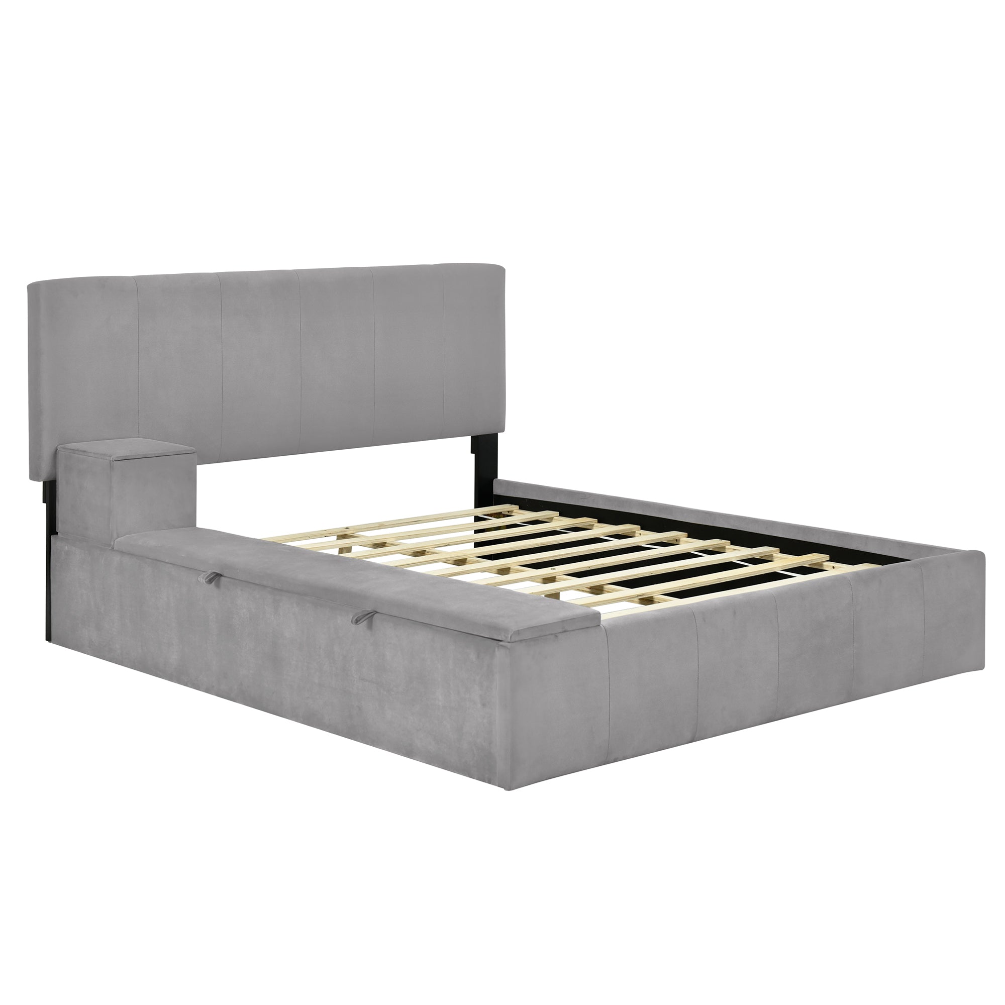 Full Size Upholstered Platform Bed with Lateral Storage Compartments and Thick Fabric, Velvet, Gray