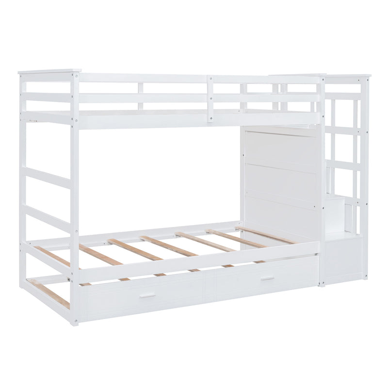 Twin Over Twin Bunk Bed With Trundle And Staircase - White