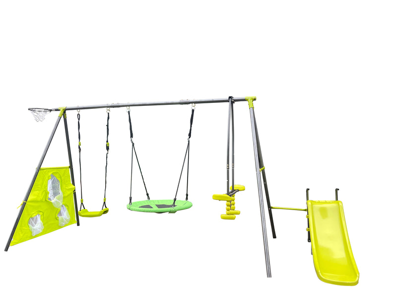 Interesting Six Function Swingset With Net Swing Metal Plastic Safe Swing Set 440Lbs For Outdoor Playground For Age 3+ With 31.5" Net Swing - Gray / Blue