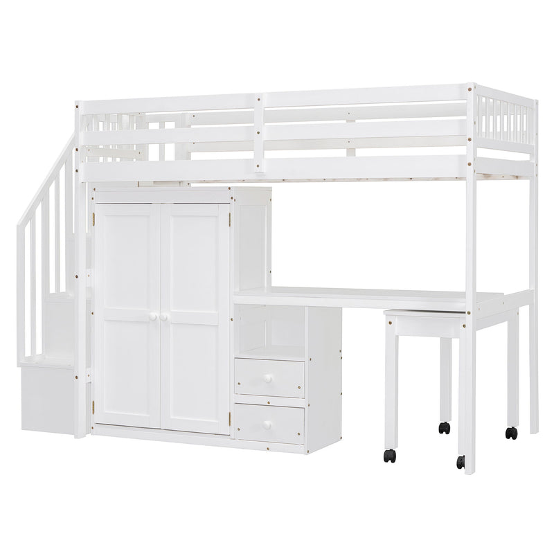 Loft Bed With Stairs, Bookshelf, Drawers, Desk & Wardrobe, Space Saving Multifunctional Furniture