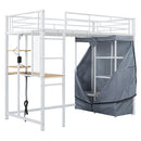Loft Bed With Desk, Shelves, Power Outlet, LED Light And Wardrobe