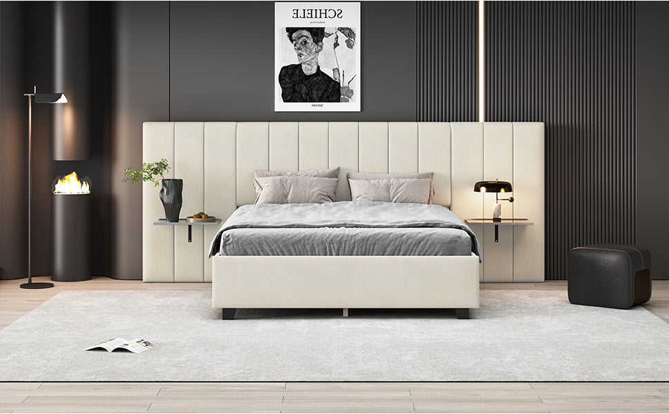 Queen Size Upholstered Platform Bed with Big Headboard, Bedroom Furniture, Velvet, Beige - Atlantic Fine Furniture Melbourne FL