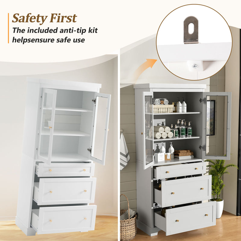 Freestanding Tall Bathroom Cabinet With 2 Adjustable Shelves, 3 Drawers, Soft Close Glass Doors - White