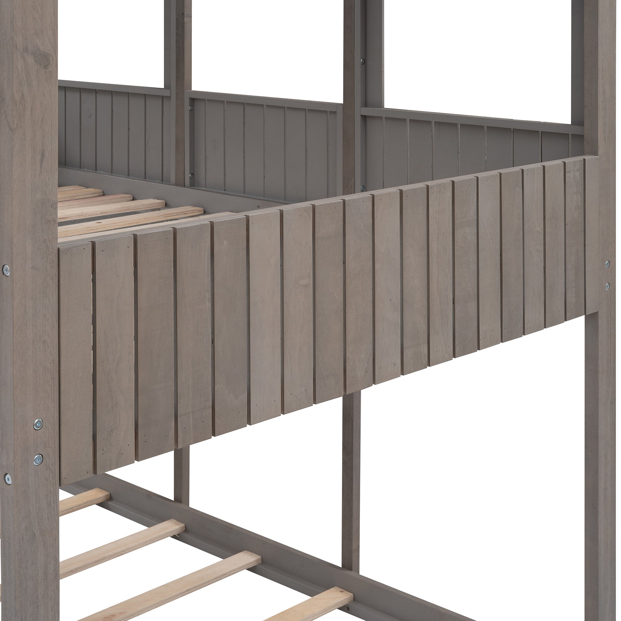 Full Over Full WoodBunk Bed with Roof, Window, Guardrail, Ladder(Antique Gray)( old sku: LT000031AAE ) - Atlantic Fine Furniture Melbourne FL