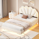 Full Upholstered Smart LED Bed Frame with Elegant Flowers Headboard,Floating Velvet Platform LED Bed with Wooden Slats Support,Beige