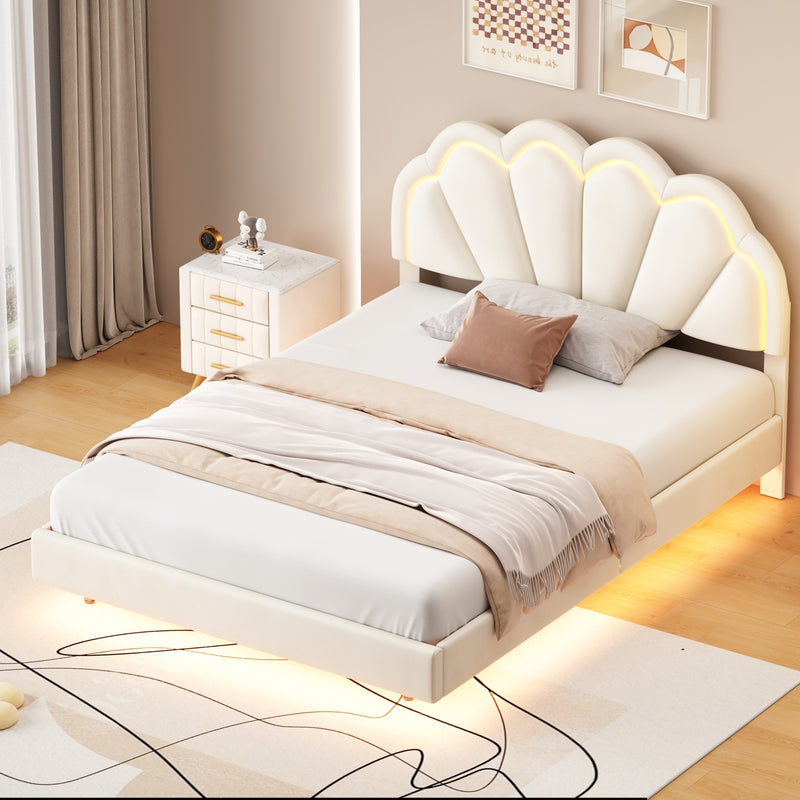 Full Upholstered Smart LED Bed Frame with Elegant Flowers Headboard,Floating Velvet Platform LED Bed with Wooden Slats Support,Beige
