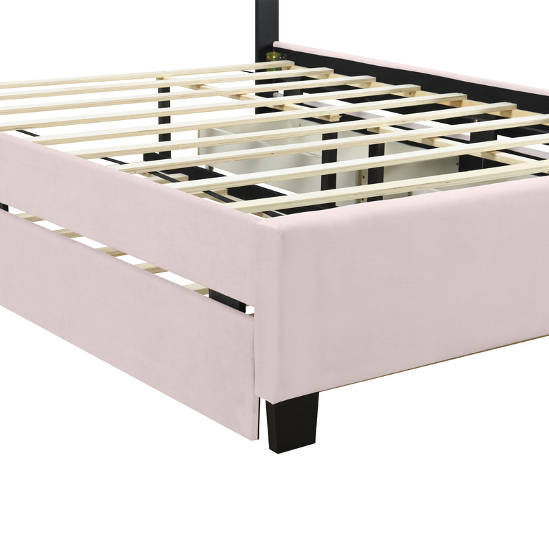 Upholstered Platform Bed With 2 Drawers And 1 Trundle, Classic Strip Headboard Design