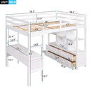 Full Size Loft Bed with Built-in Desk with Two Drawers, and Storage Shelves and Drawers,White