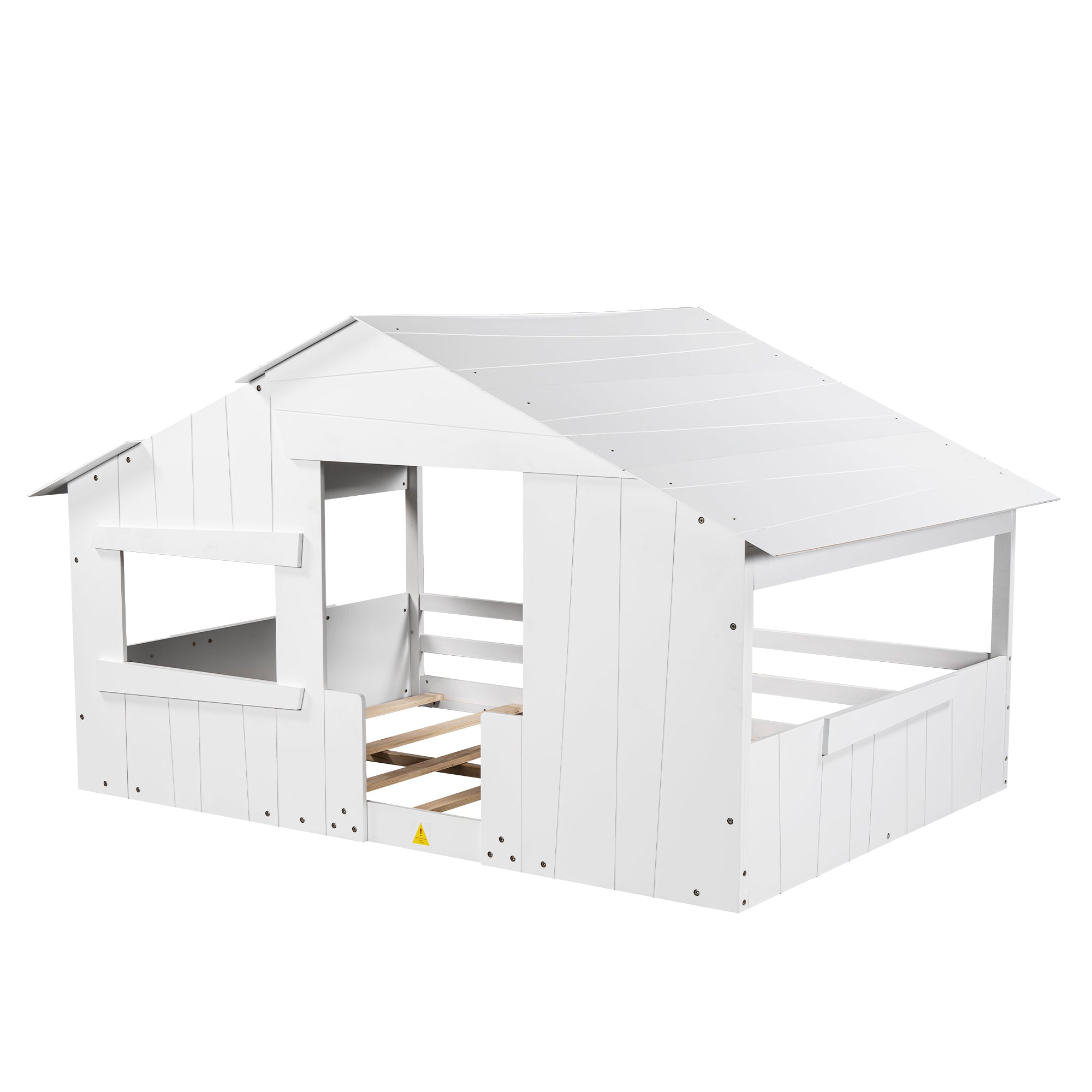 Wood Full Size House Bed with Roof, Window and Guardrail, White - Atlantic Fine Furniture Melbourne FL