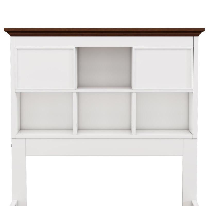 Solid Pine Captain Bookcase Bed with Trundle Bed and 3 Spacious Under Bed Drawers in Casual,Full, White+Walnut