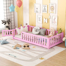 Twin Size Bed Floor Bed with Safety Guardrails and Door for Kids, Pink