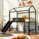 Metal House Bed With Slide, Twin Size Metal Loft Bed with Two-sided writable Wooden Board (Black )