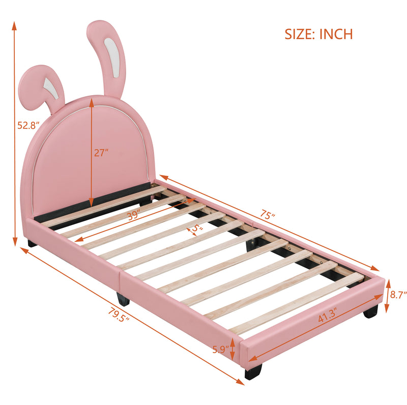 Twin Size Upholstered Leather Platform Bed with Rabbit Ornament, Pink