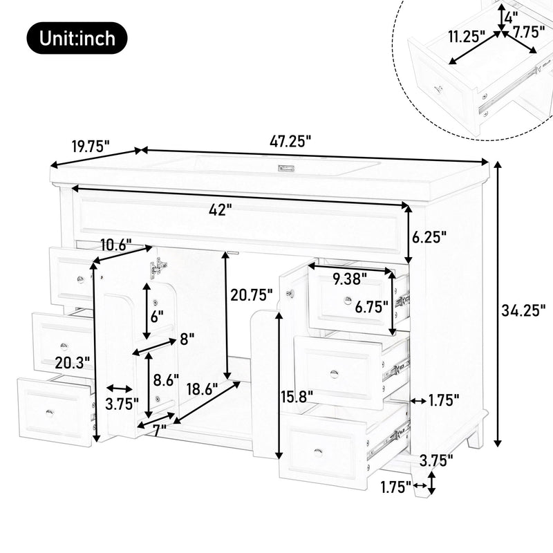 Bathroom Vanity Cabinet Only, 6 Soft Close Drawers & Double Doors With 2 Tier Shelves - White