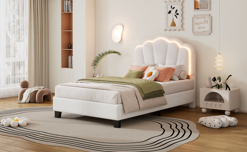 Upholstered Elegant Flowers Headboard With LED Light Strip, Platform Bed With Slats Support