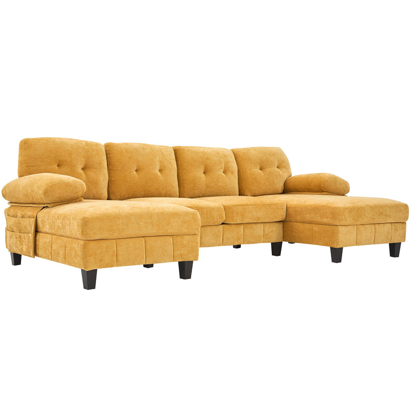 U-Shaped Sectional Sofa 103.5" Black Chenille Fabric Couch With Dual Chaise Lounges, Storage Pockets, Armrest Pillows