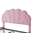 Full Upholstered Smart LED Bed Frame with Elegant Flowers Headboard,Floating Velvet Platform LED Bed with Wooden Slats Support,Pink