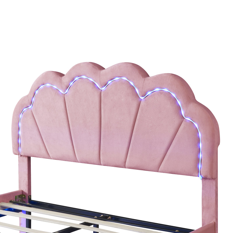 Full Upholstered Smart LED Bed Frame with Elegant Flowers Headboard,Floating Velvet Platform LED Bed with Wooden Slats Support,Pink