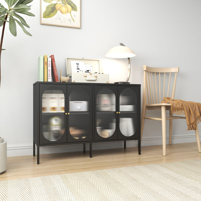 Modern Metal Sideboard Cabinet With 4 Glass Doors, Steel Kitchen Storage And Coffee Bar Cabinet - Black
