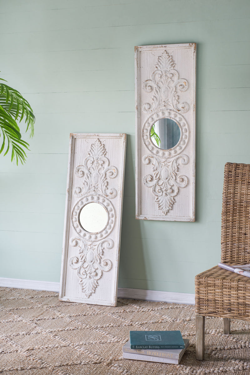 Large Wooden Wall Art Panels With Distressed Finish And Round Mirror Accents (Set of 2) - White