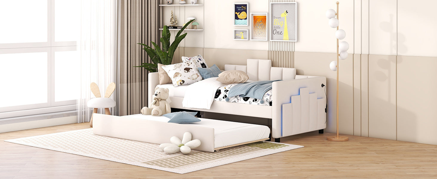 Twin Size Upholstered Daybed with Light and USB Port, Beige - Atlantic Fine Furniture Melbourne FL