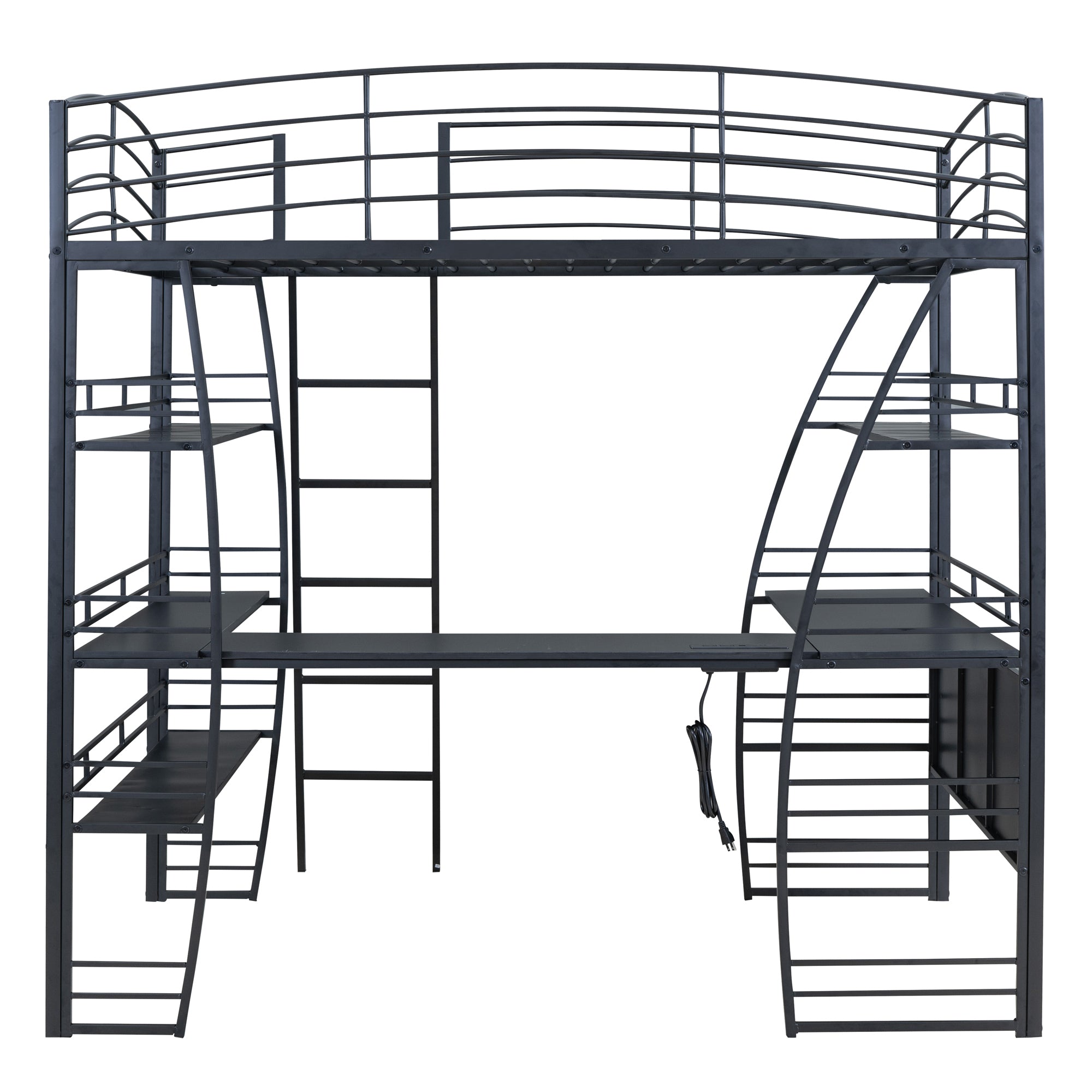 Full Size Loft Bed with 4 Layers of Shelves and L-shaped Desk, Stylish Metal Frame Bed with a set of Sockets, USB Ports and Wireless Charging, Black - Atlantic Fine Furniture Melbourne FL