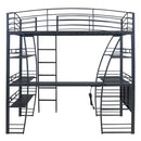 Full Size Loft Bed with 4 Layers of Shelves and L-shaped Desk, Stylish Metal Frame Bed with a set of Sockets, USB Ports and Wireless Charging, Black