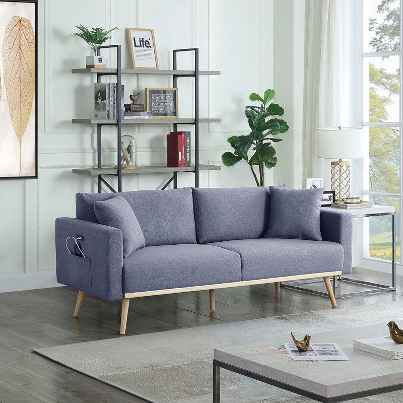 Easton - Linen Fabric Sofa With USB Charging Ports Pockets And Pillows