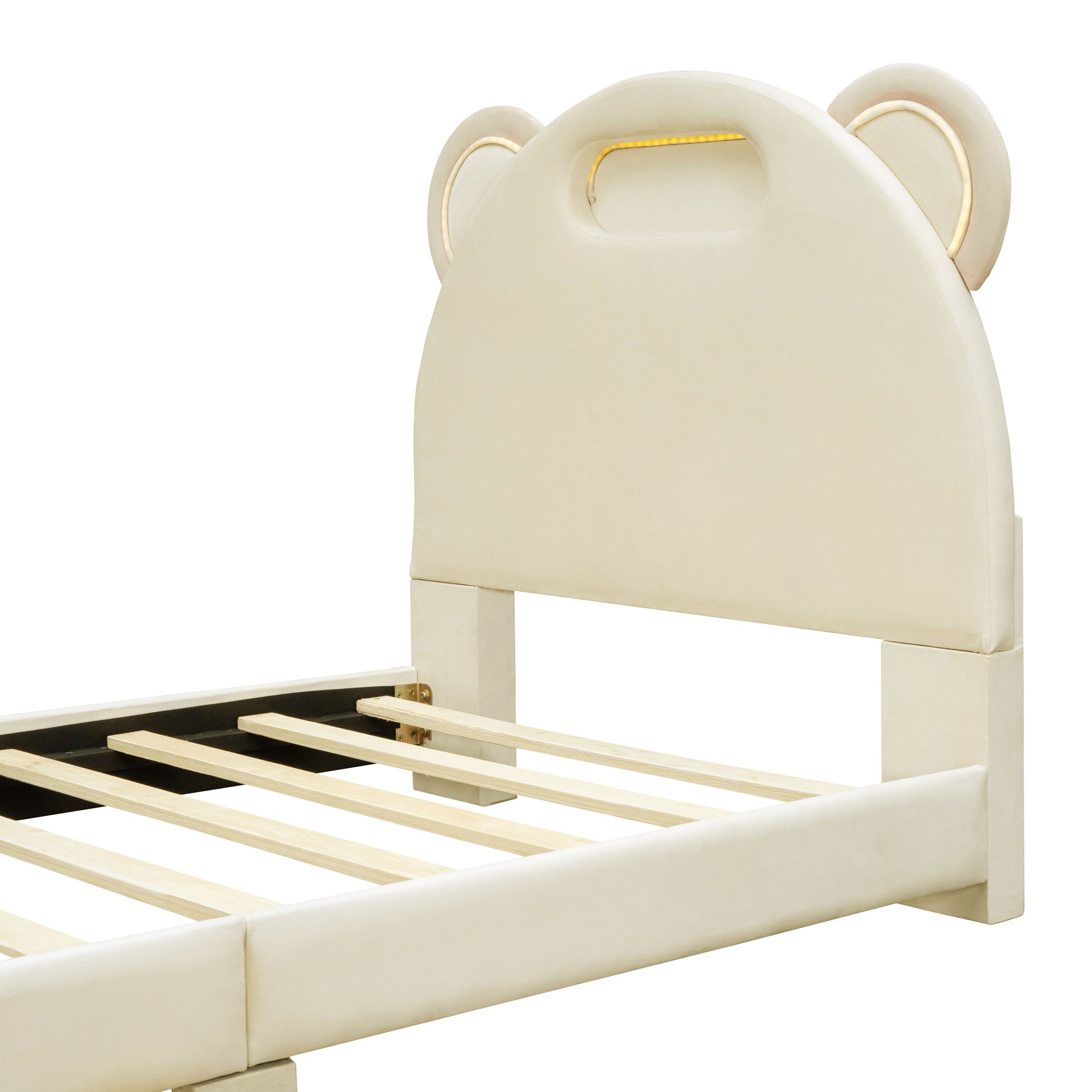 Twin Size Upholstered Platform Bed with Bear-Shaped Headboard and Embedded Light Stripe, Velvet, Beige - Atlantic Fine Furniture Melbourne FL