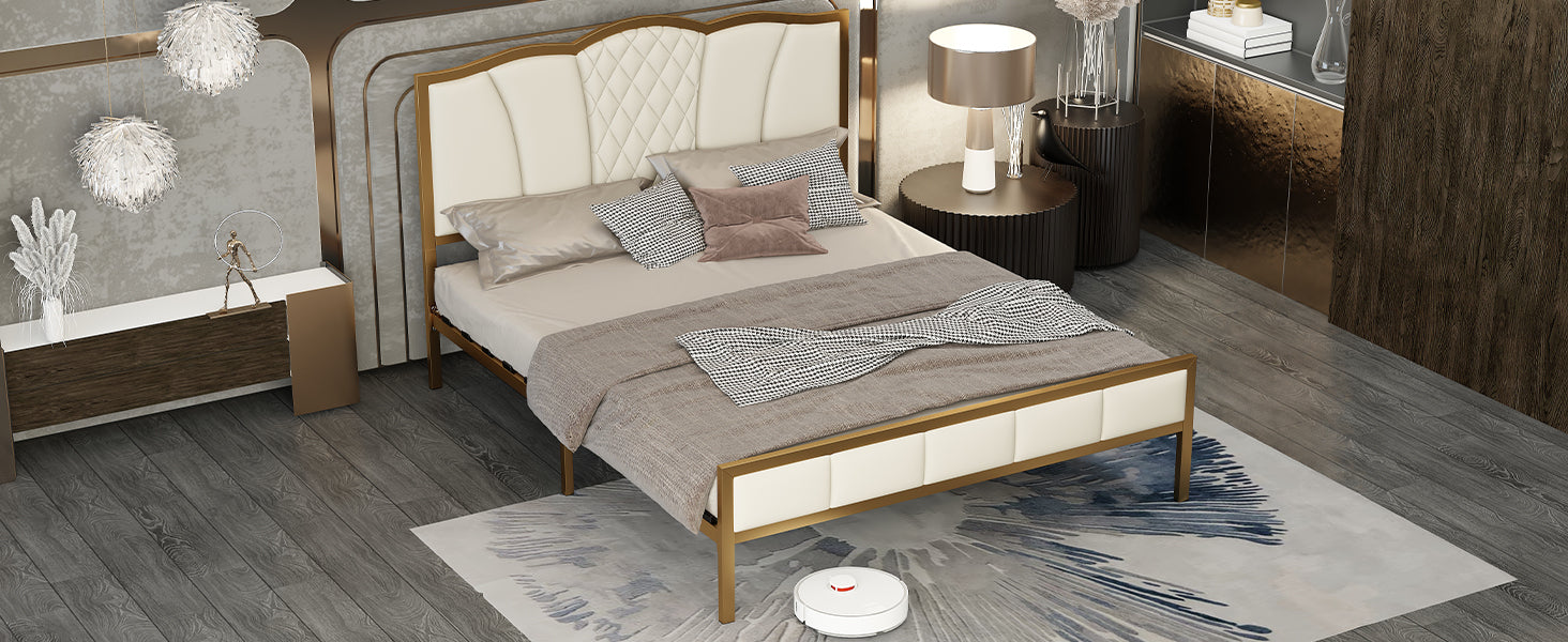 Queen Size Bed Frame, Modern Upholstered Bed Frame with Tufted Headboard, Golden Metal Platform Bed Frame with Wood Slat Support, Noise Free, No Box Spring Needed,Beige - Atlantic Fine Furniture Melbourne FL