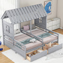 Twin Size House Platform Beds With 2 Drawers For Shared Use - Gray