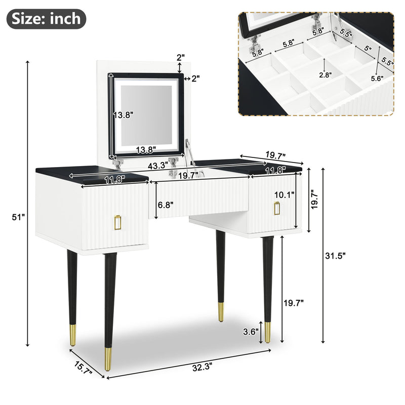 Modern Vanity Table Set With Flip-Top Mirror And Led Light, Dressing Table With Customizable Storage - White / Black