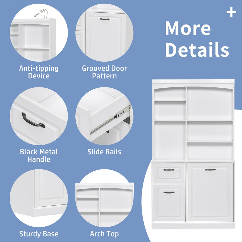 Bathroom Storage Cabinet With Tilt Out Hamper, Tall Free Standing Organizer With Drawers & Adjustable Shelves, Linen Tower With Steel Handles - White