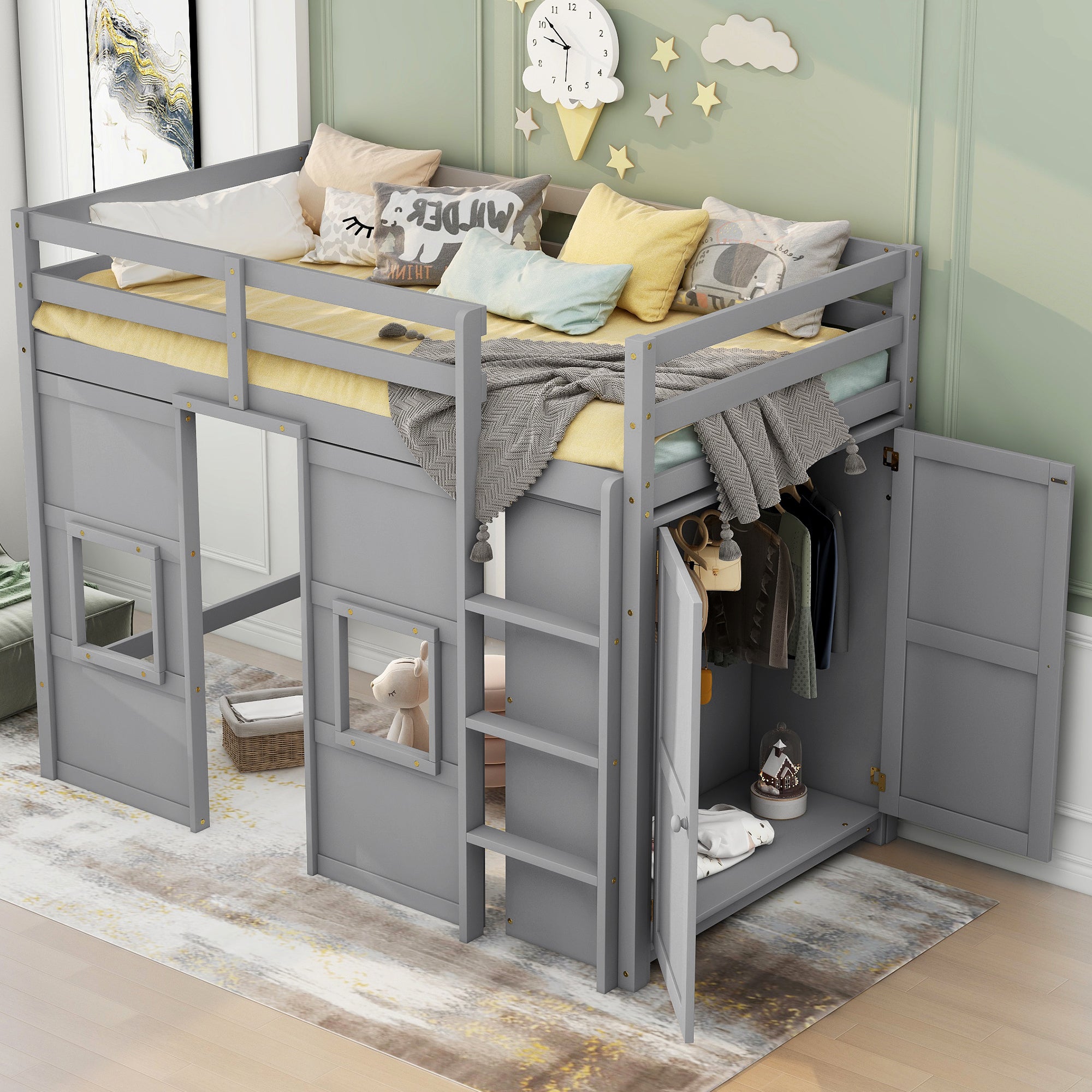 Wood Twin Size Loft Bed with Built-in Storage Wardrobe and 2 Windows, Gray - Atlantic Fine Furniture Melbourne FL