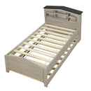 Twin Size Wood Platform Bed with House-shaped Storage Headboard and Trundle, Gray