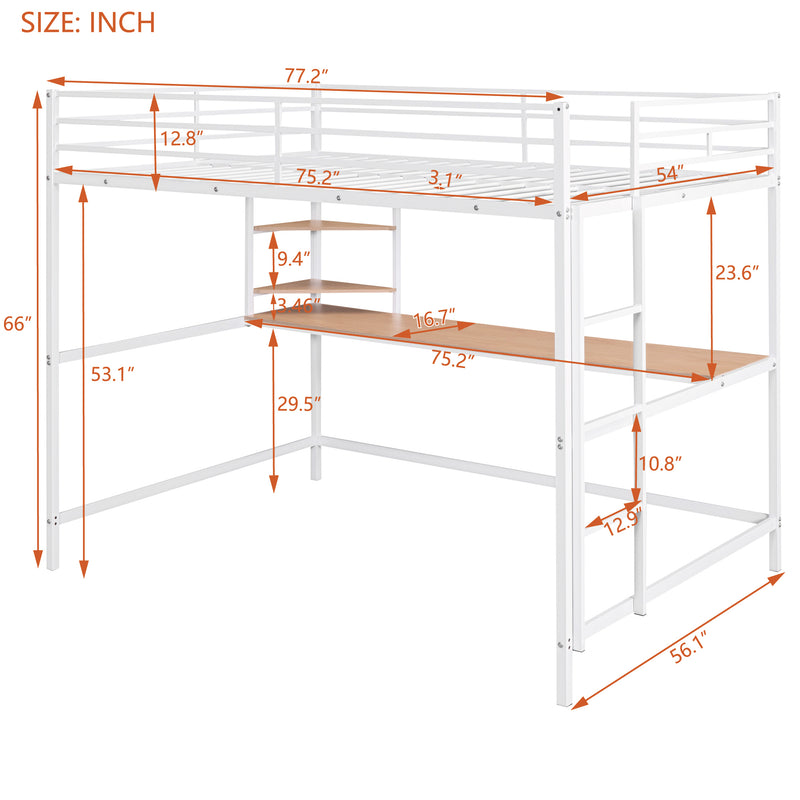 Full Metal Loft Bed with Desk and Shelve, White